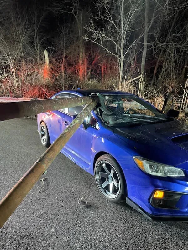 March 2024 - Car impaled by metal barrier gate on access road to MBTA station